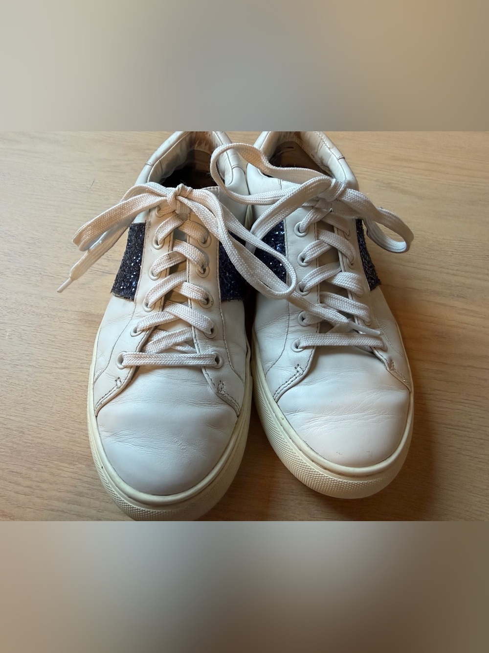 Tory Burch Carter White Leather Blue Glitter Sneakers Women’s Size 8